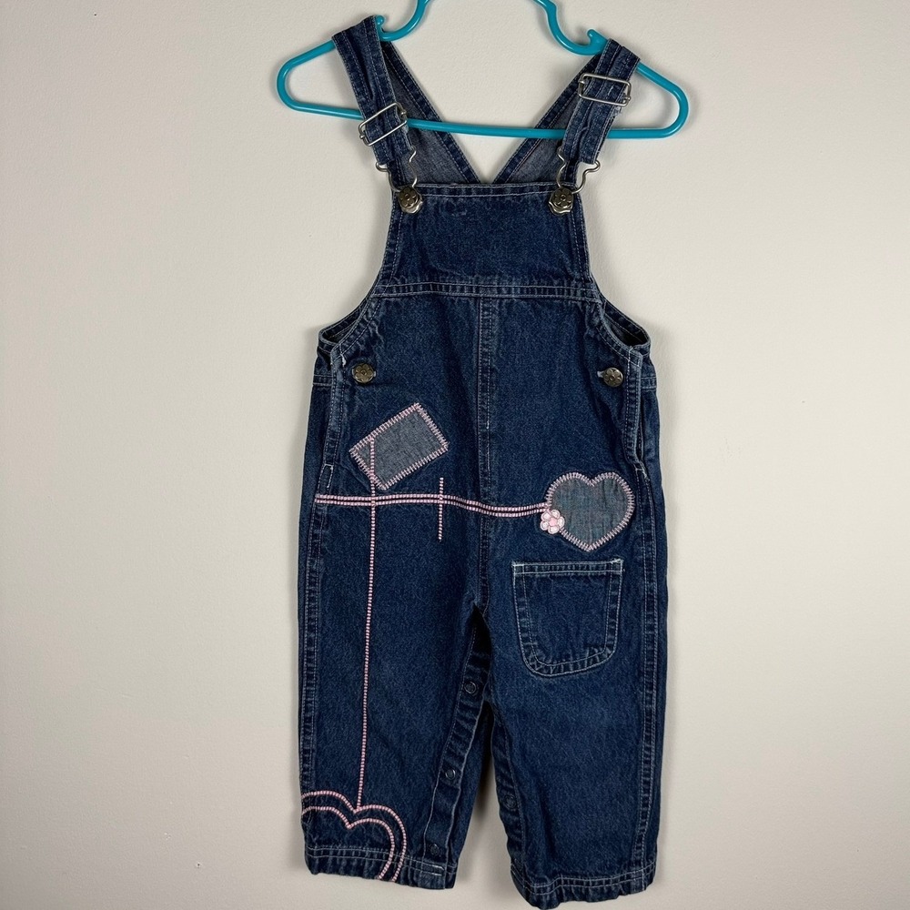 VTG 80s/90s Mayfair Embroidered Denim Overalls Kidcore Flower Buckles Heart 18 M